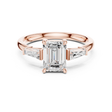Gold Three-Stone Baguette Engagement Ring, Emerald center stone, Rose Gold, view 4