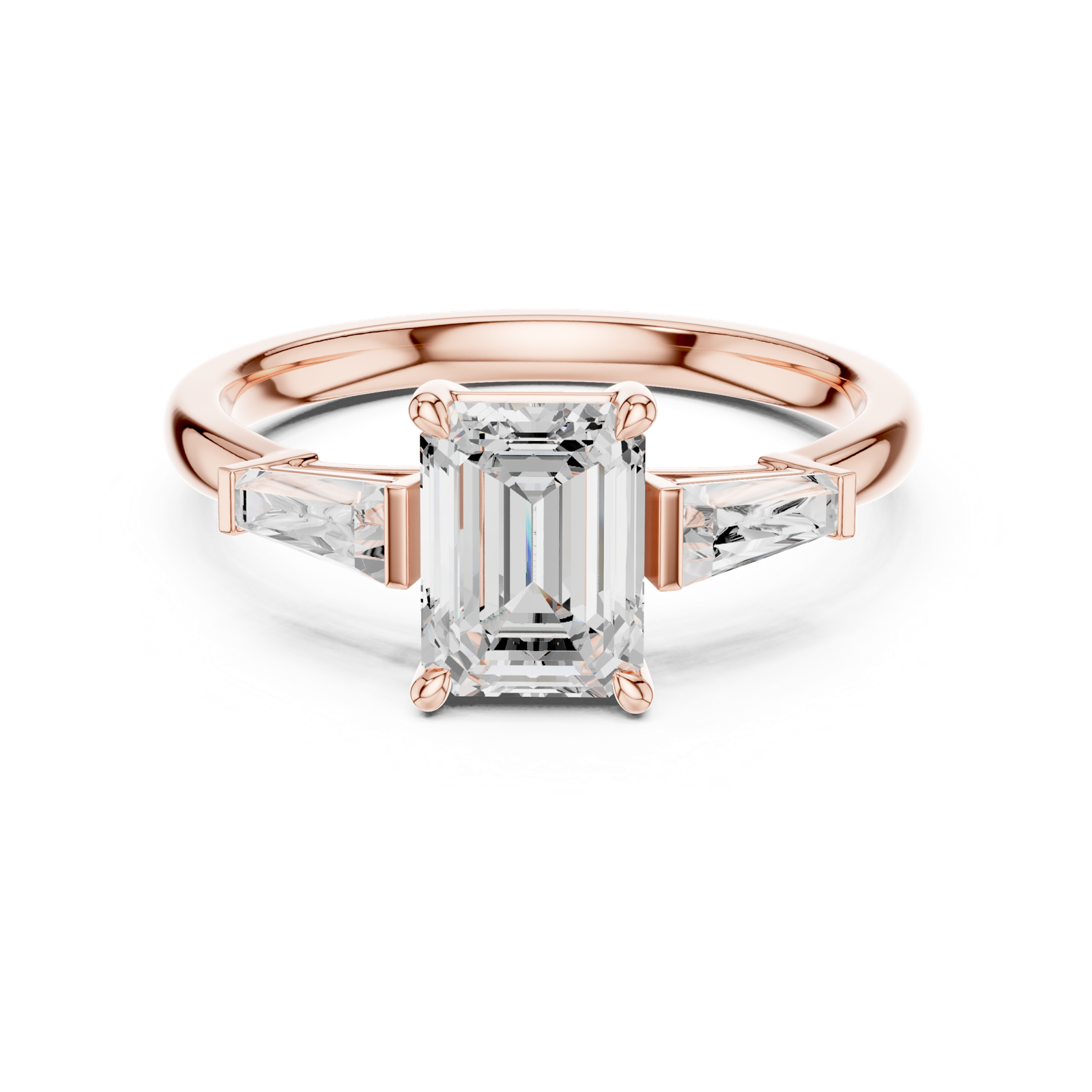 Gold Three-Stone Baguette Engagement Ring, Emerald center stone, Rose Gold, view 4