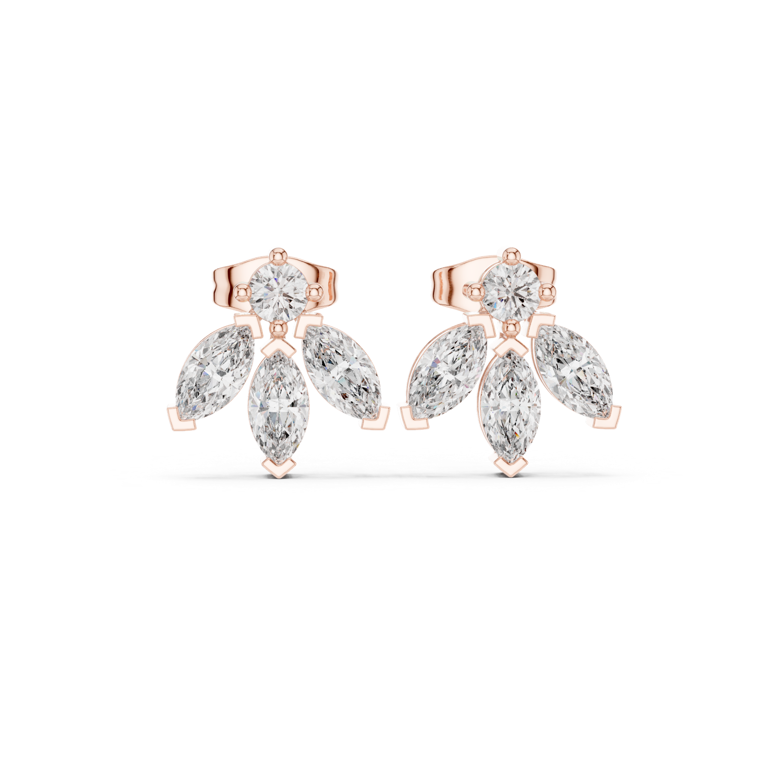 14K Solid Gold Lab Diamond Flower Cluster Earrings, Rose Gold