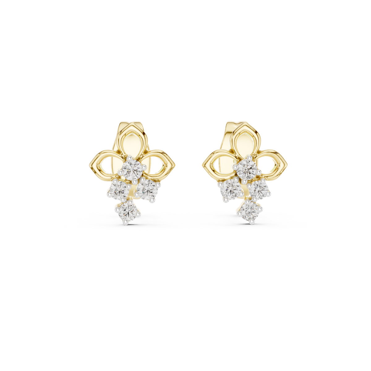 14K Solid Gold Lab Diamond Flower Cluster Earrings, Yellow Gold