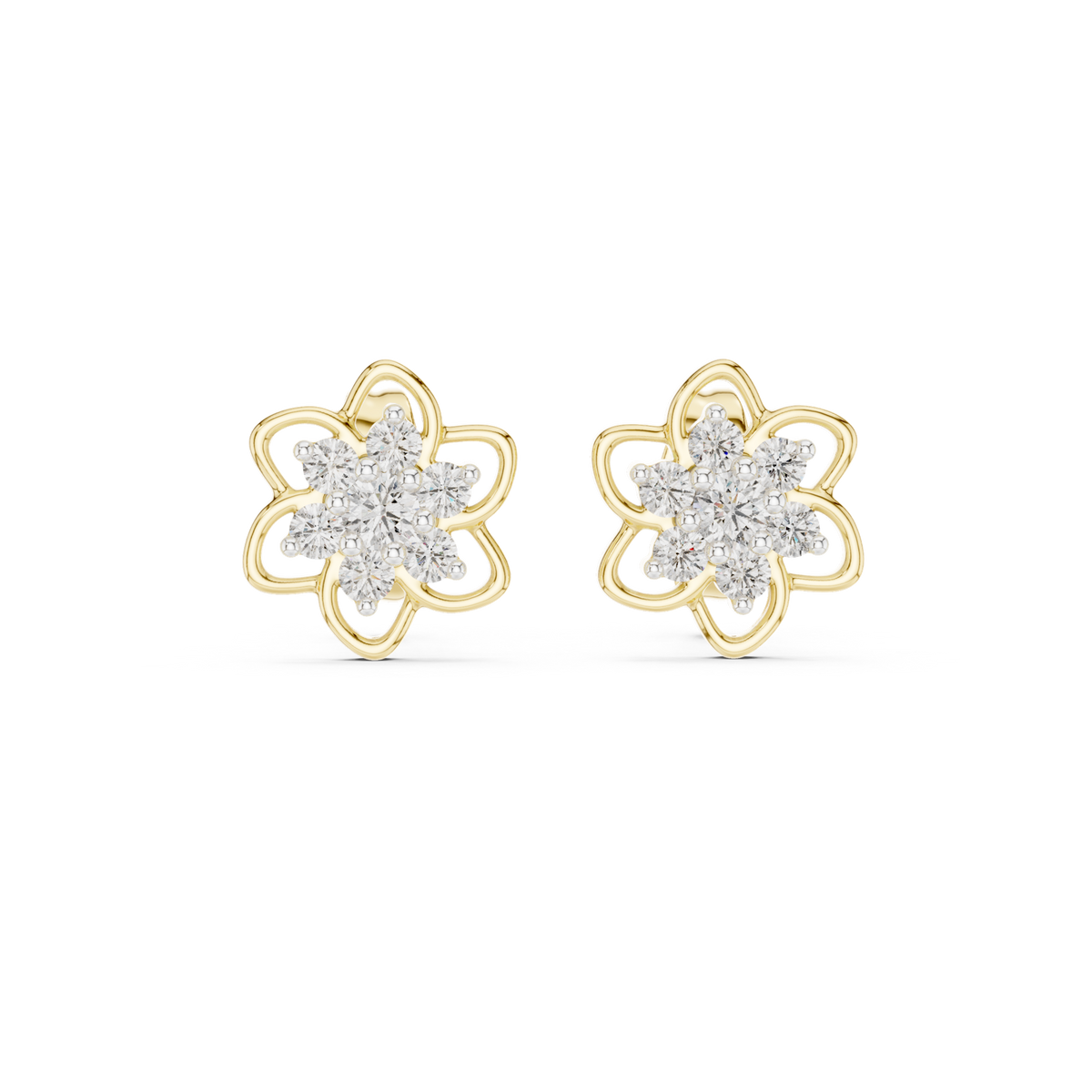14K Solid Gold Lab Diamond Flower Cluster Earrings, Yellow Gold