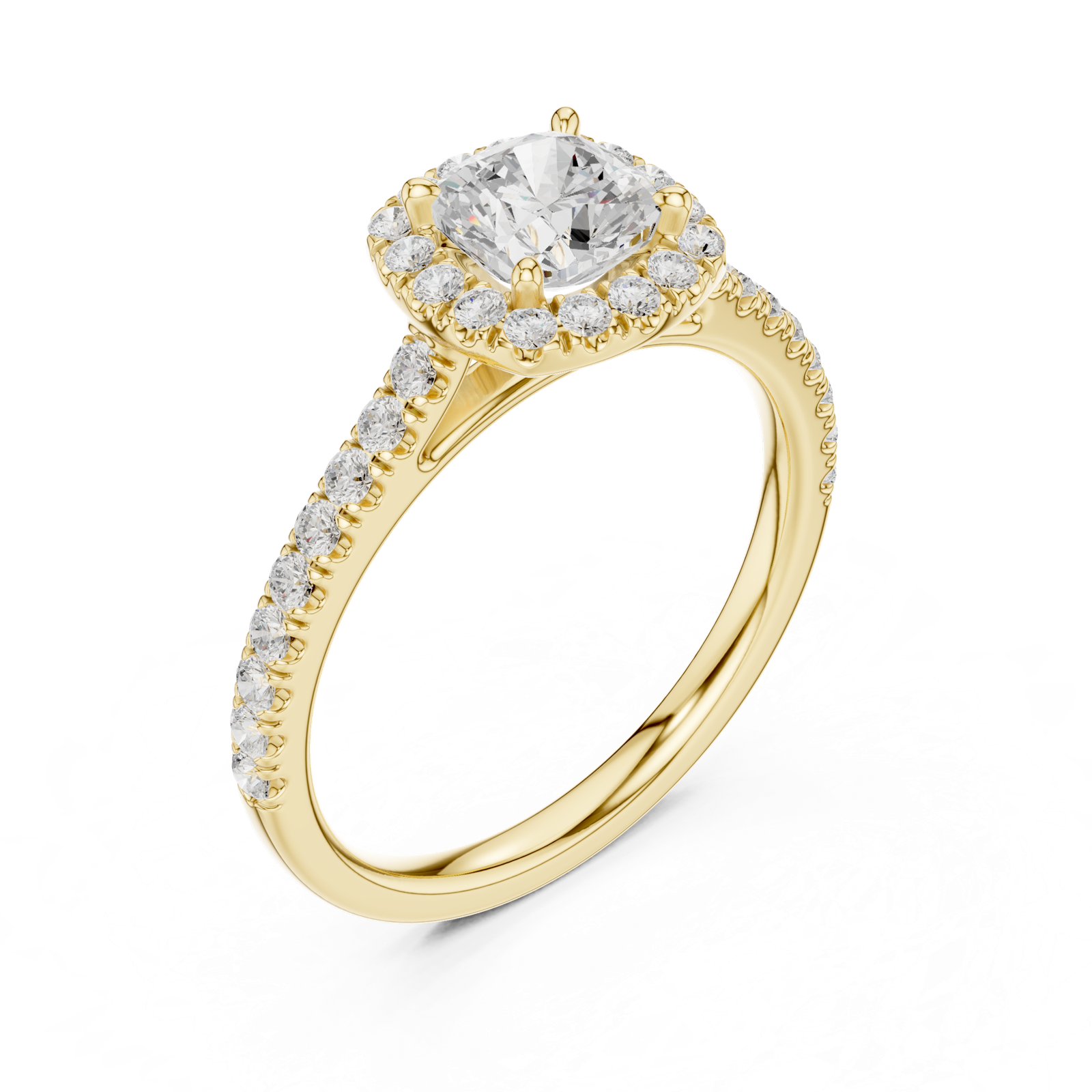 Gold Halo Pave Engagement Ring, Cushion center stone, Yellow Gold, view 2