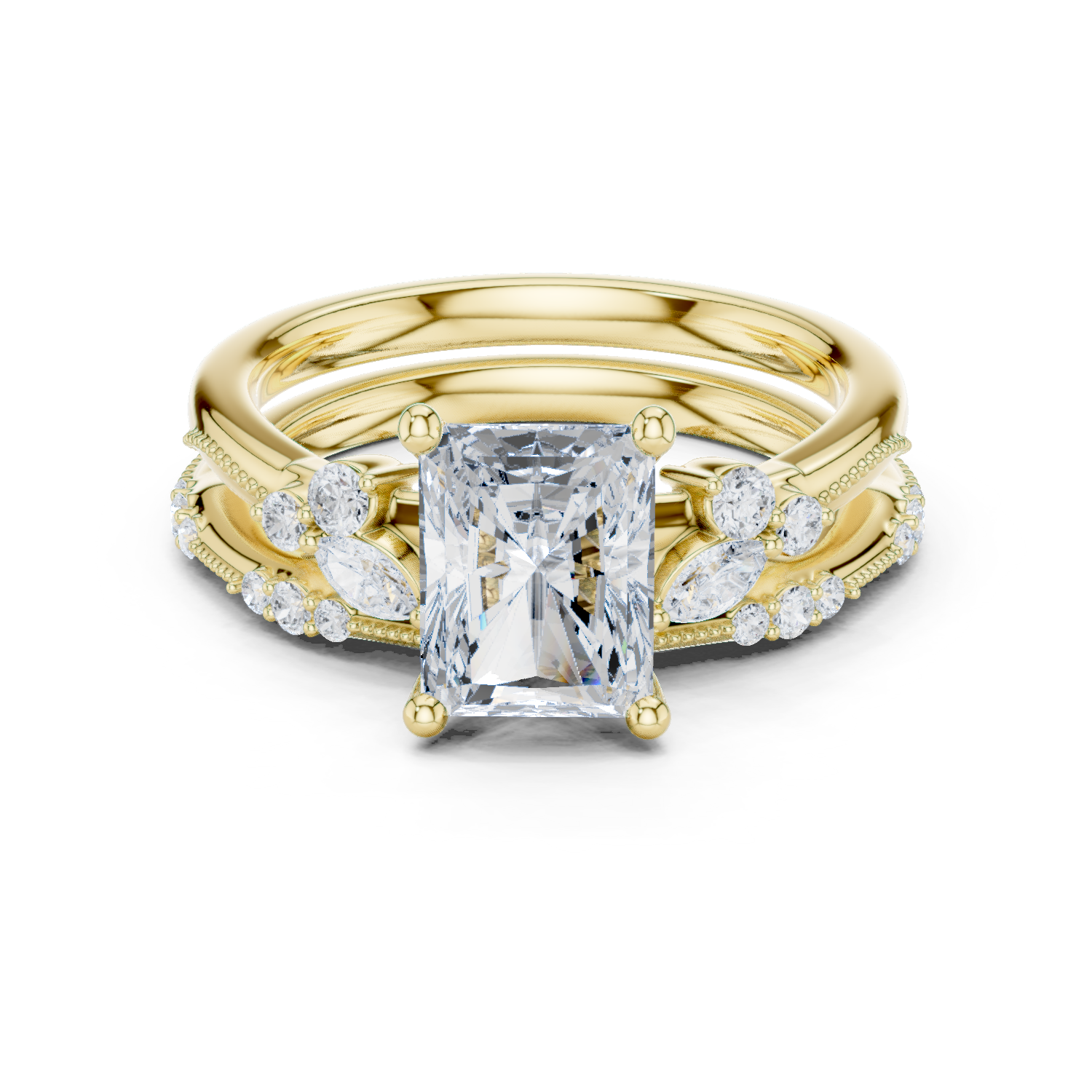 Gold Ring DDLR-299, Radiant center stone, Yellow Gold