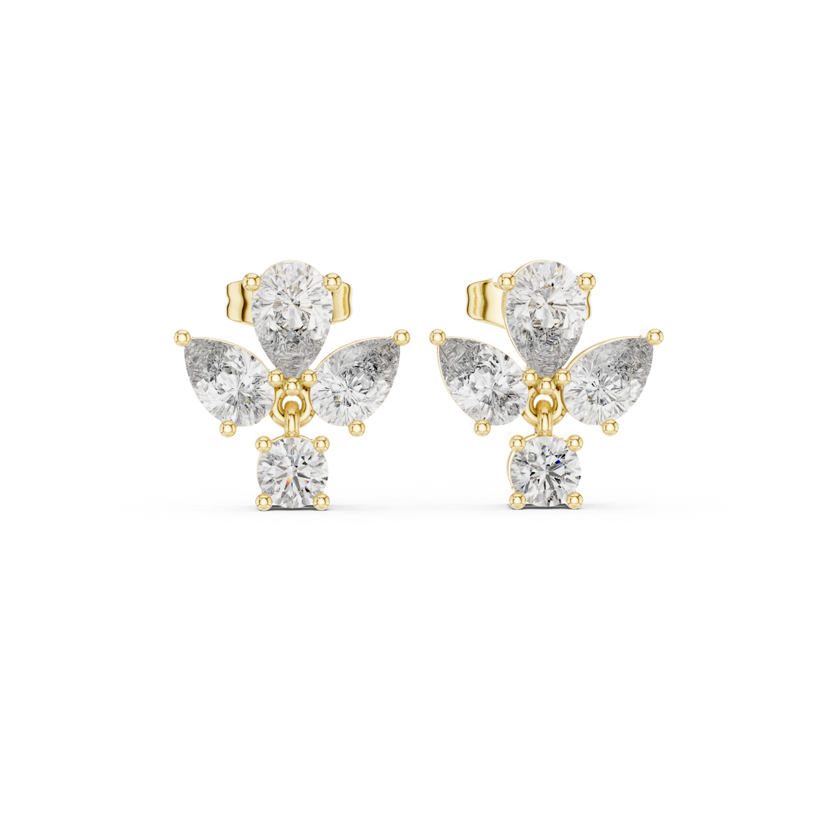 14K Solid Gold Lab Diamond Flower Drop Earrings, Yellow Gold