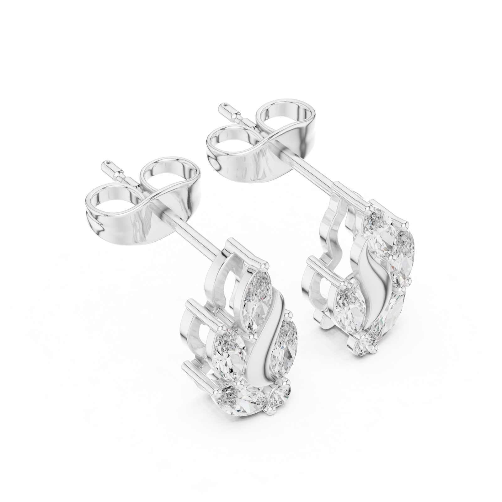 14K Solid Gold Lab Diamond Leaf Huggie Earrings, White Gold, view 2