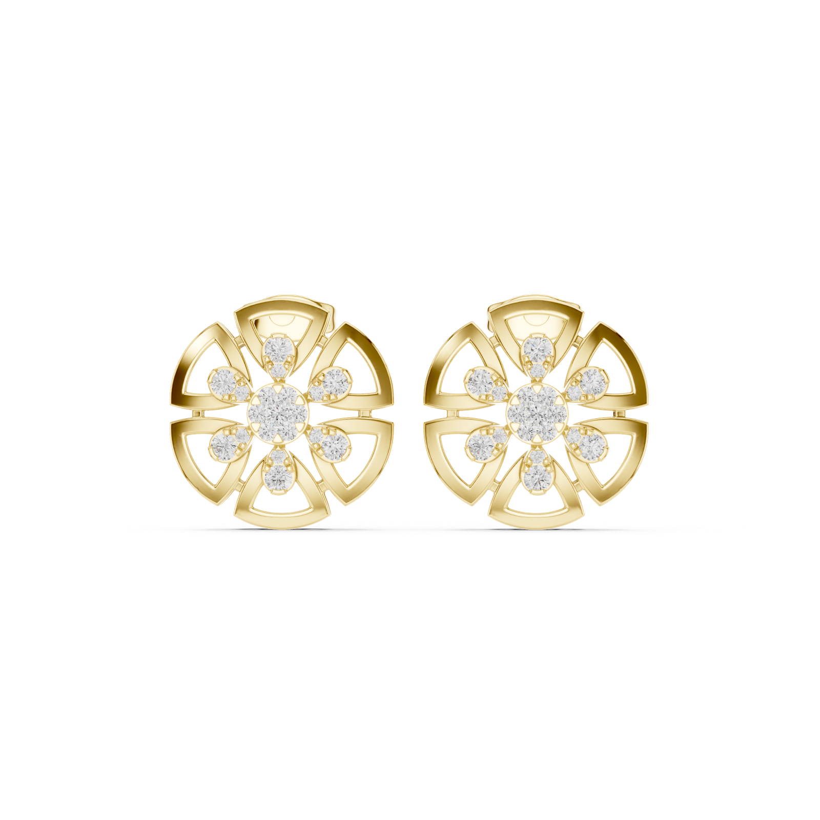14K Solid Gold Lab Diamond Flower Cluster Earrings, Yellow Gold