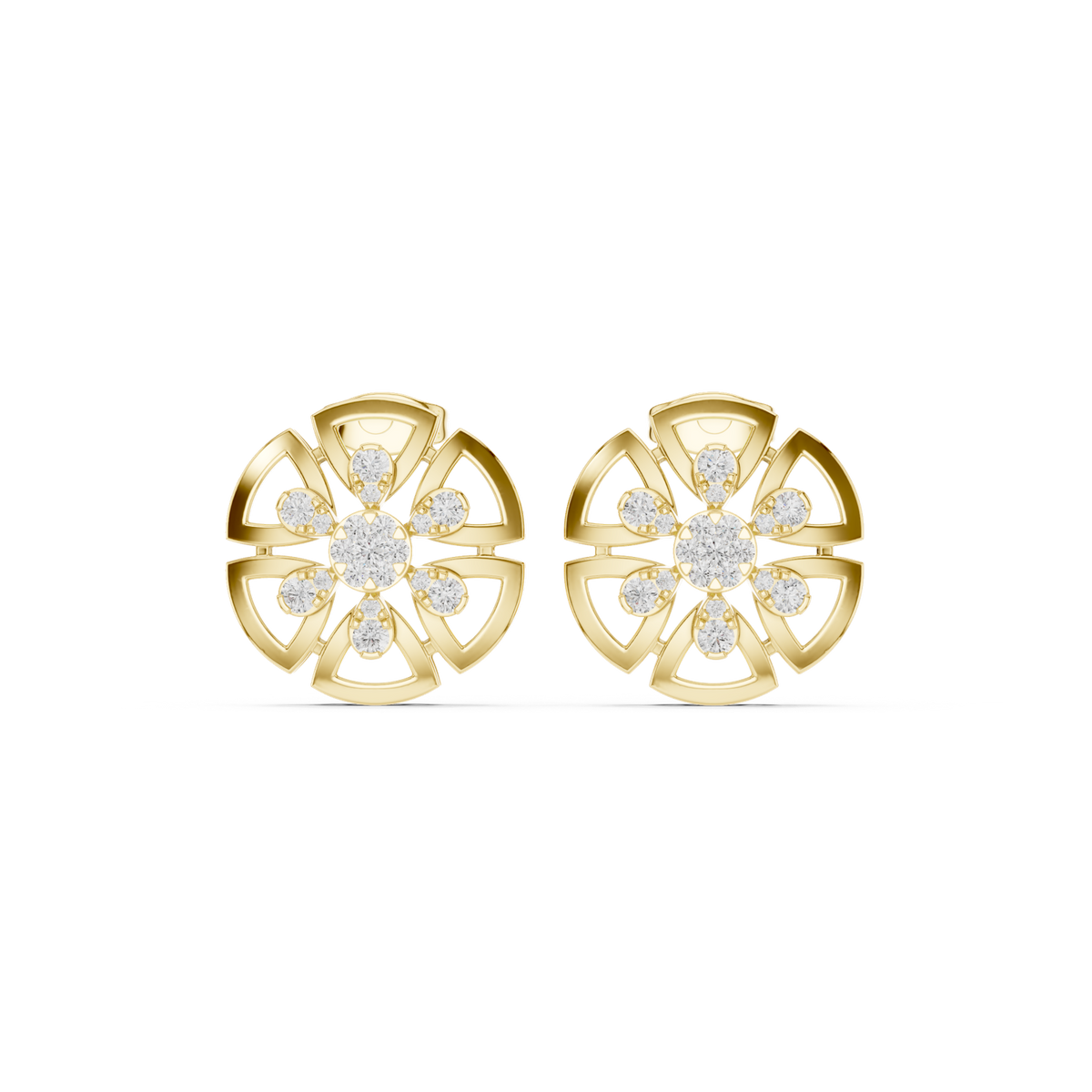 14K Solid Gold Lab Diamond Flower Cluster Earrings, Yellow Gold