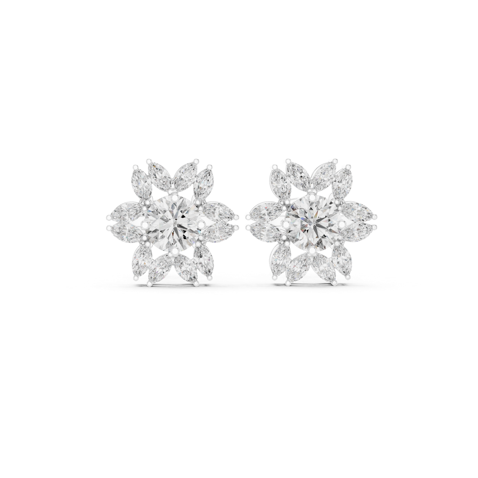 14K Solid Gold Lab Diamond Flower Cluster Earrings, White Gold