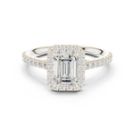 Gold Halo Pave Engagement Ring, Emerald center stone, White Gold