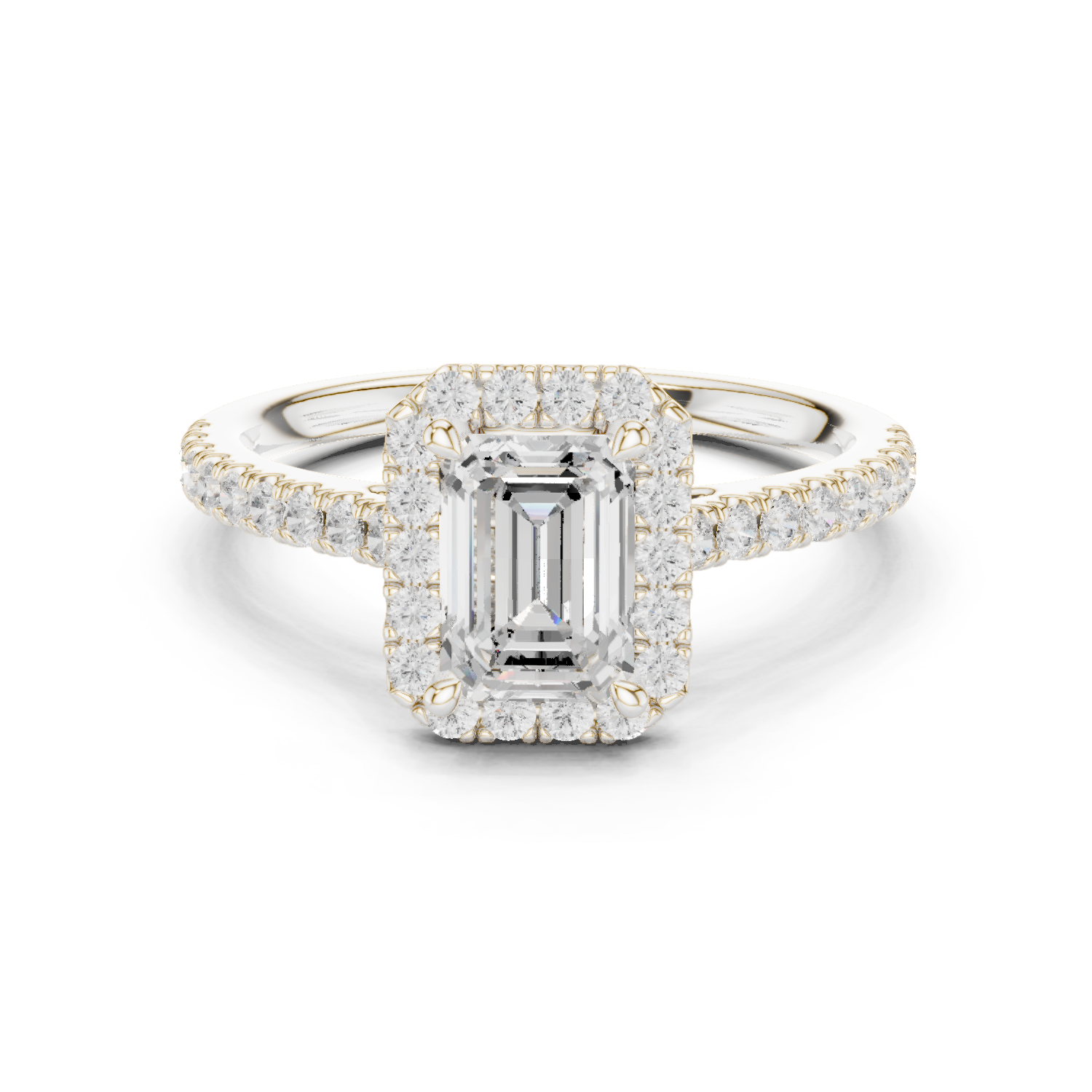 Gold Halo Pave Engagement Ring, Emerald center stone, White Gold