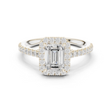 Gold Halo Pave Engagement Ring, Emerald center stone, White Gold