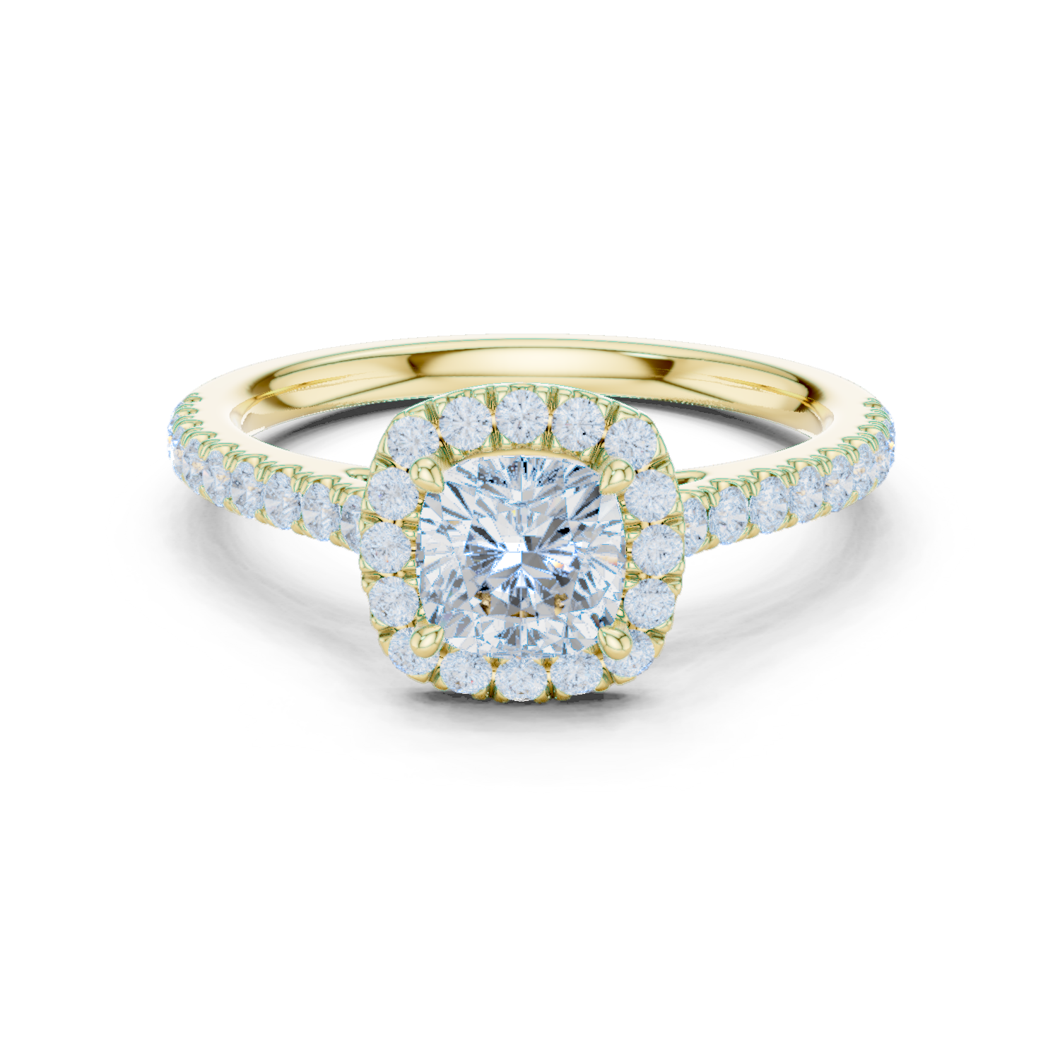 Gold Halo Pave Engagement Ring, Cushion center stone, Yellow Gold
