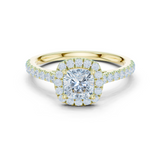Gold Halo Pave Engagement Ring, Cushion center stone, Yellow Gold