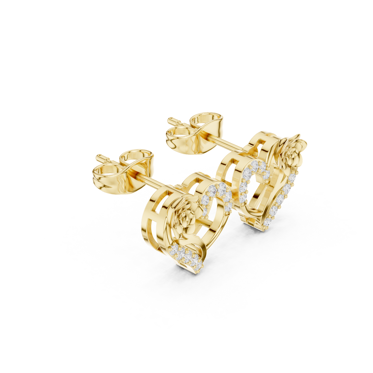 14K Solid Gold Lab Diamond Heart Cluster Earrings, Yellow Gold, view 1