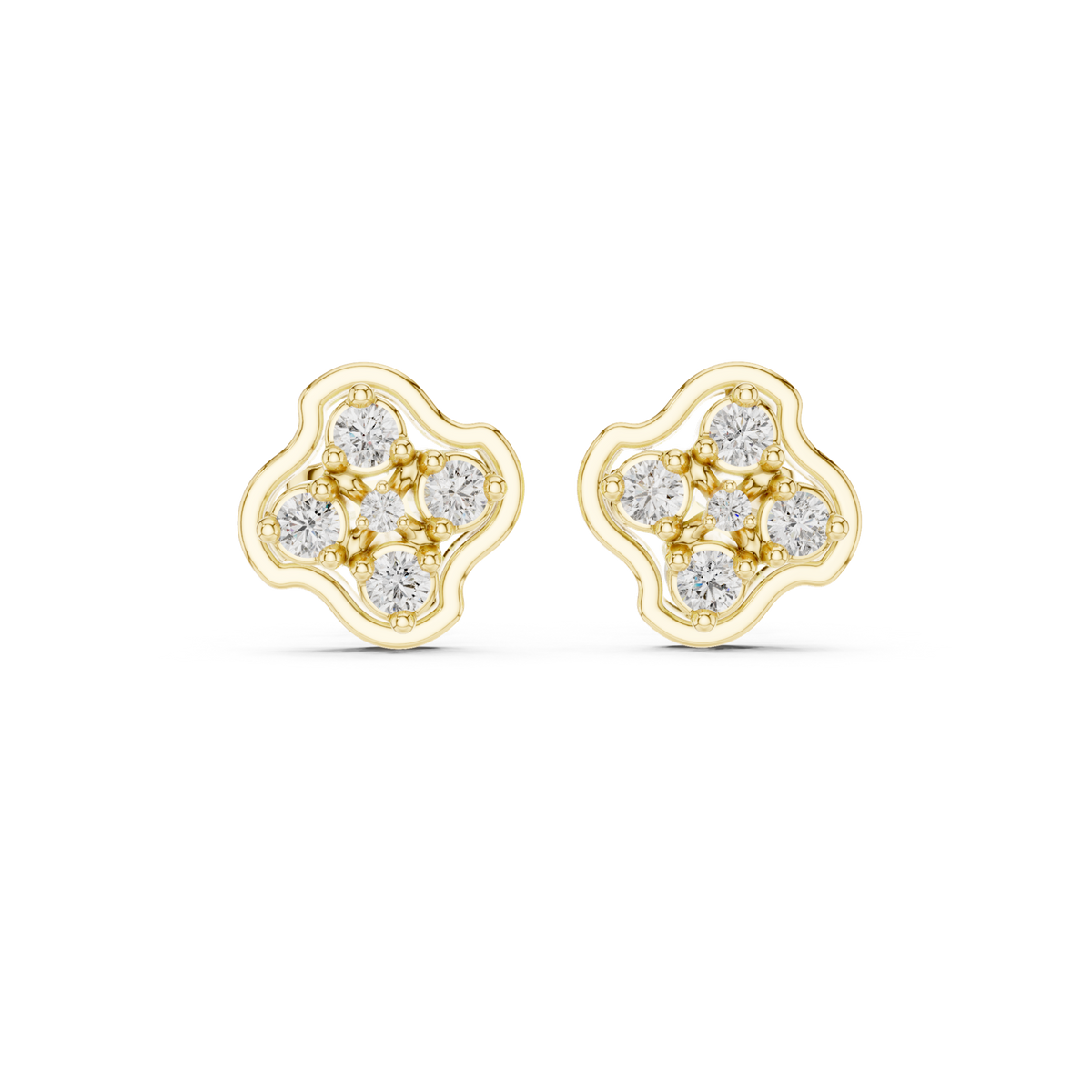 14K Solid Gold Lab Diamond Clover Cluster Earrings, Yellow Gold