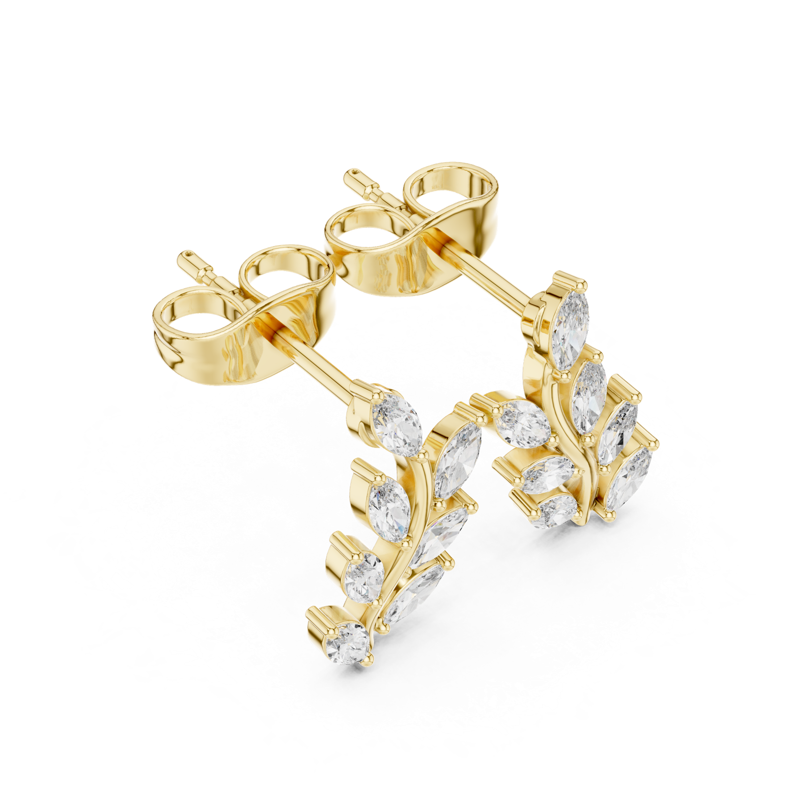 14K Solid Gold Lab Diamond Leaf Drop Earrings, Yellow Gold, view 2
