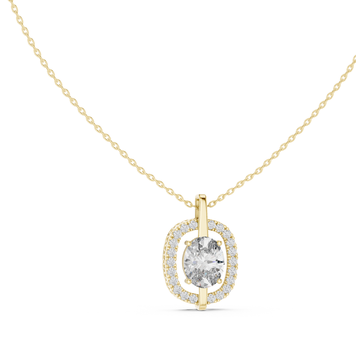 14K Solid Gold Lab Diamond Halo Pendant Necklace, Yellow Gold, view 1