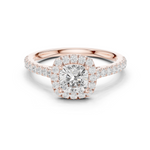 Gold Halo Pave Engagement Ring, Cushion center stone, Rose Gold