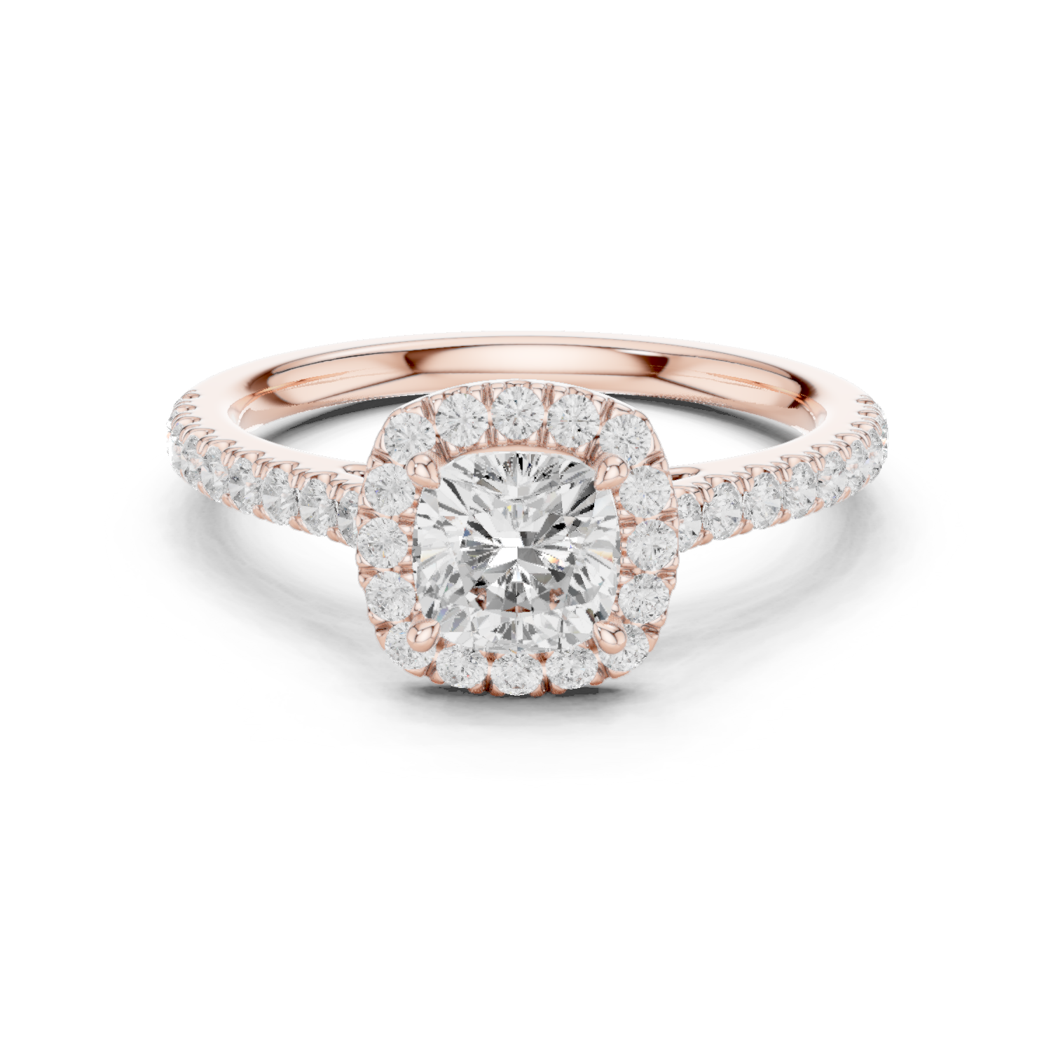 Gold Halo Pave Engagement Ring, Cushion center stone, Rose Gold
