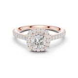 Gold Halo Pave Engagement Ring, Cushion center stone, Rose Gold