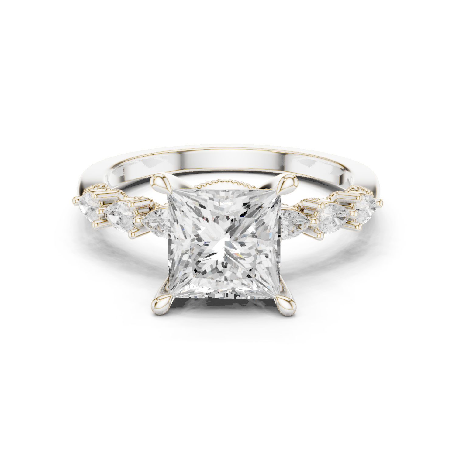 Gold Ring DDLR-168, Princess center stone, White Gold