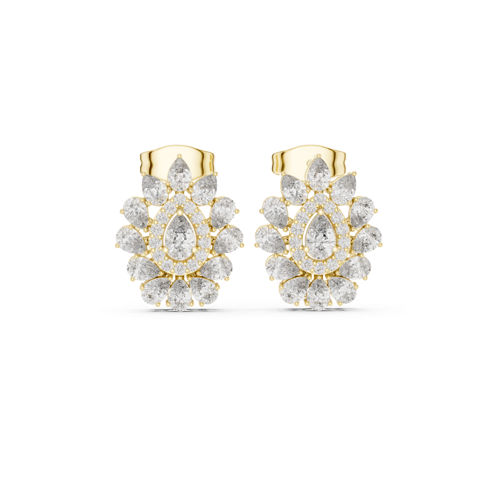14K Solid Gold Lab Diamond Flower Cluster Earrings, Yellow Gold