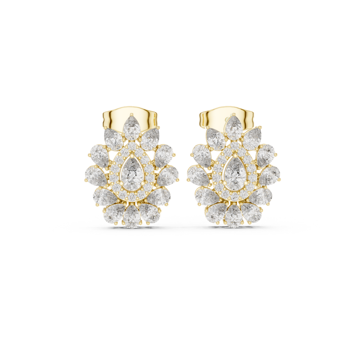 14K Solid Gold Lab Diamond Flower Cluster Earrings, Yellow Gold