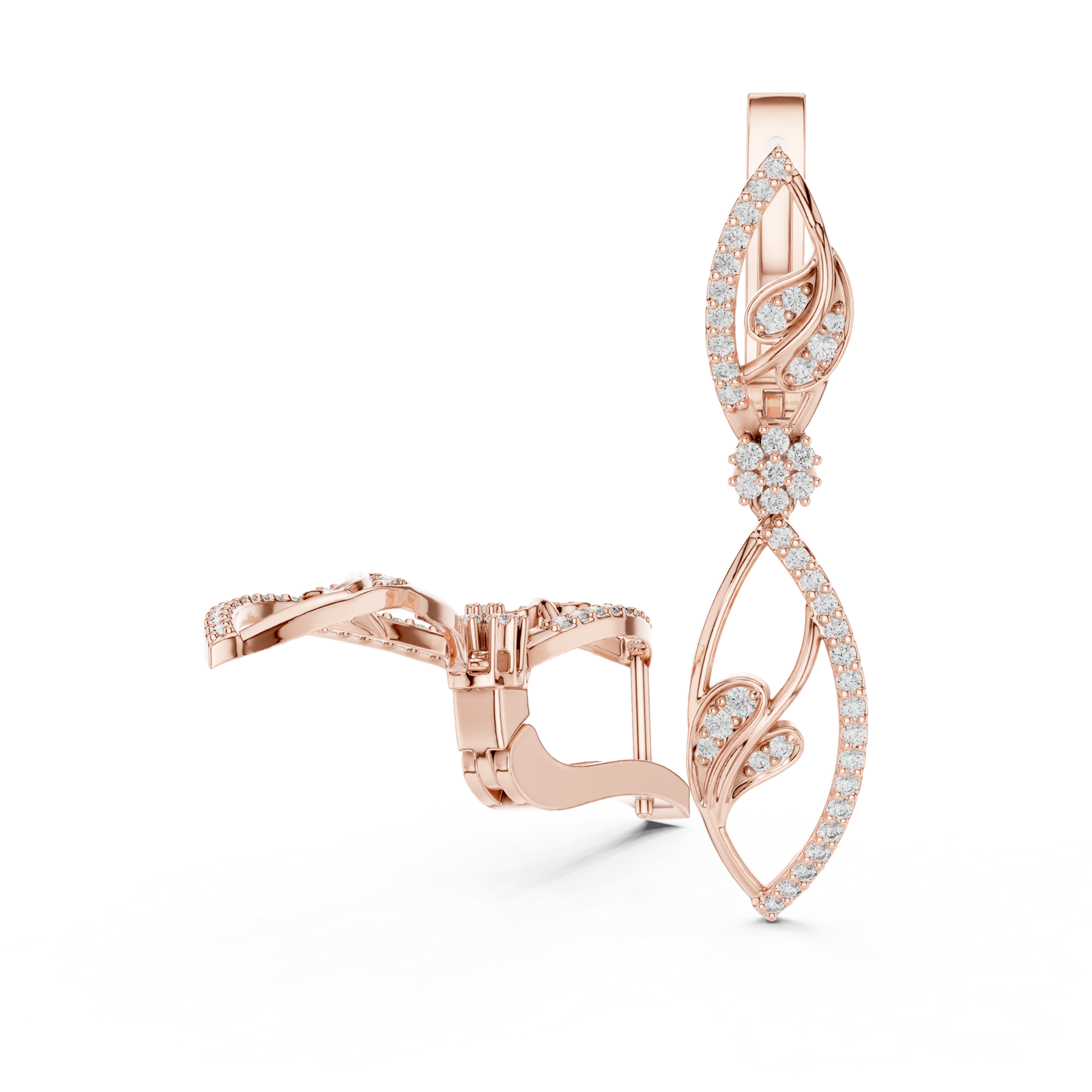 14K Solid Gold Lab Diamond Leaf Drop Earrings, Rose Gold, view 1