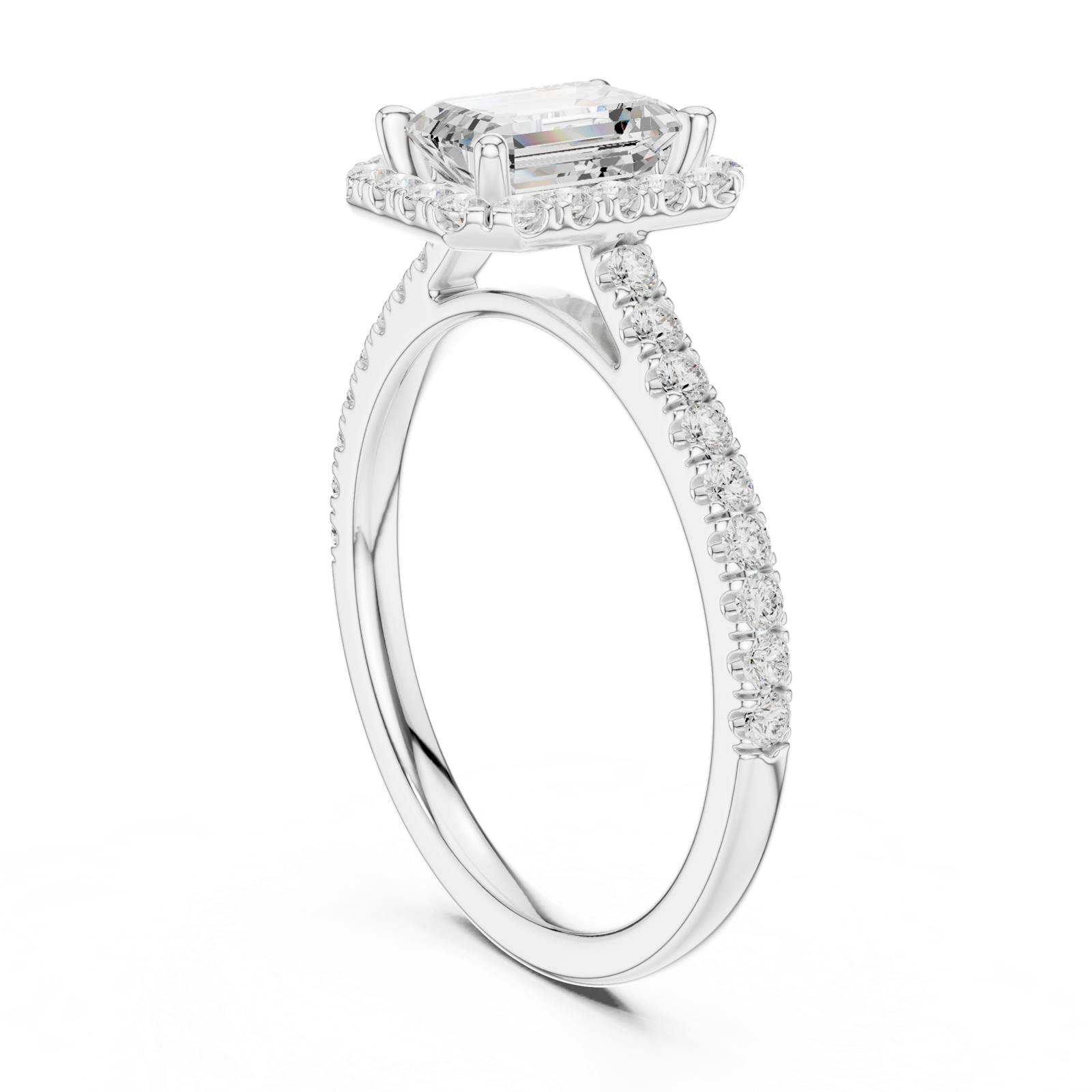 Gold Halo Pave Engagement Ring, Emerald center stone, White Gold, view 1