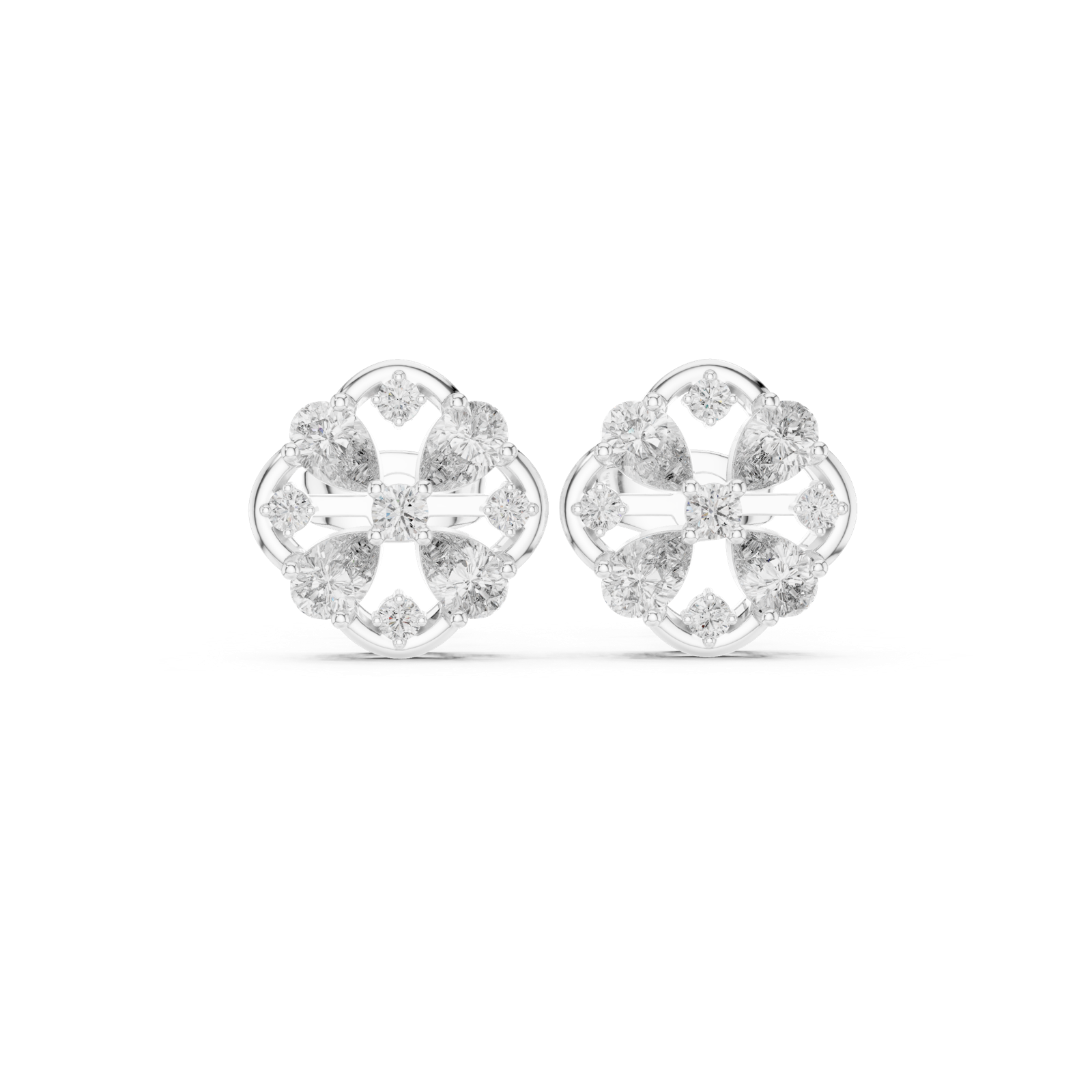14K Solid Gold Lab Diamond Clover Cluster Earrings, White Gold