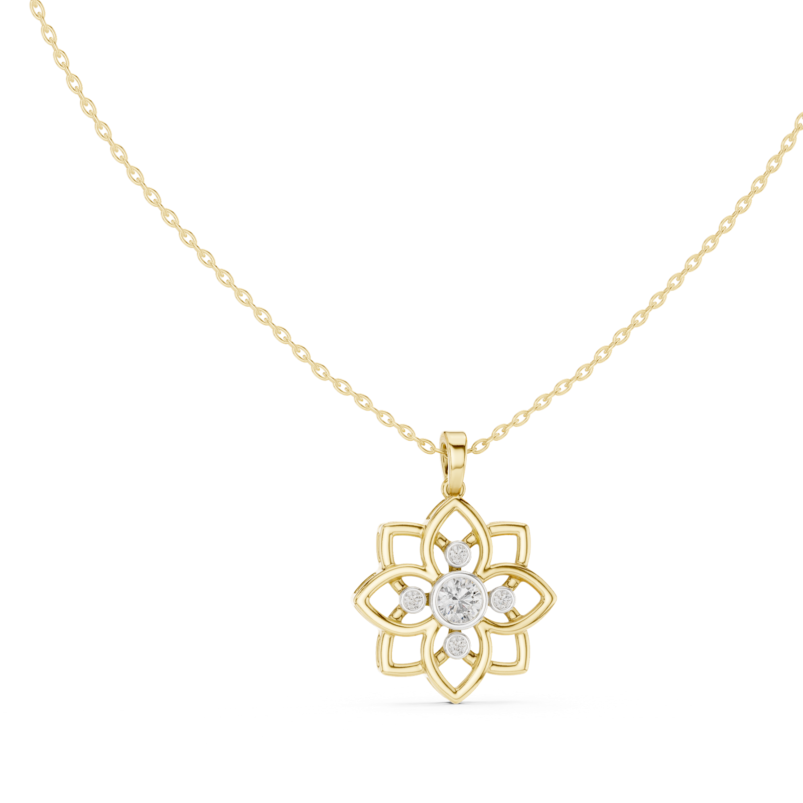 14K Solid Gold Lab Diamond Flower Pendant Necklace, Yellow Gold, view 1