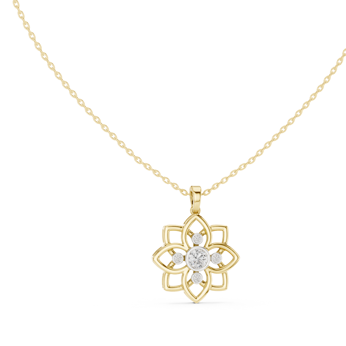 14K Solid Gold Lab Diamond Flower Pendant Necklace, Yellow Gold, view 1