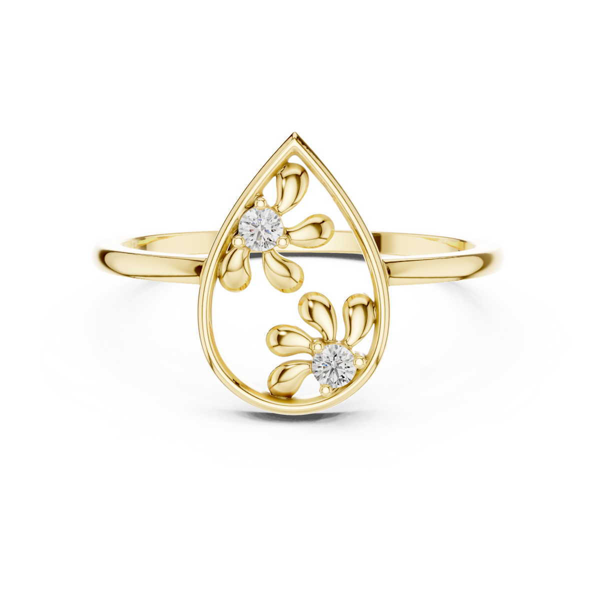 14K Solid Gold Lab Diamond Leaf Vintage Ring, Yellow Gold