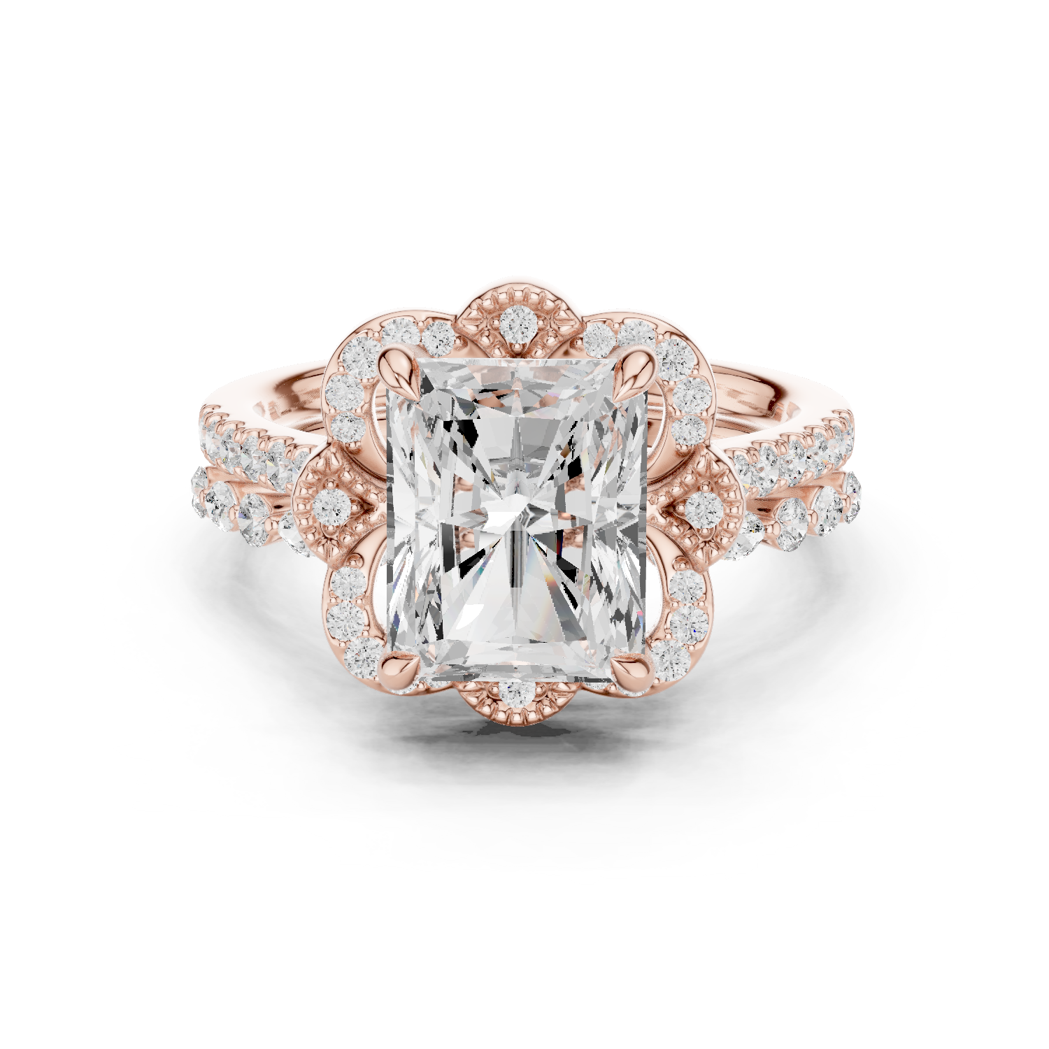 Gold Ring DDLR-442, Radiant center stone, Rose Gold