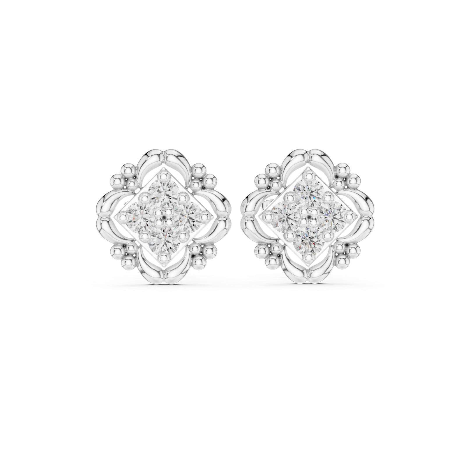 14K Solid Gold Lab Diamond Flower Cluster Earrings, White Gold