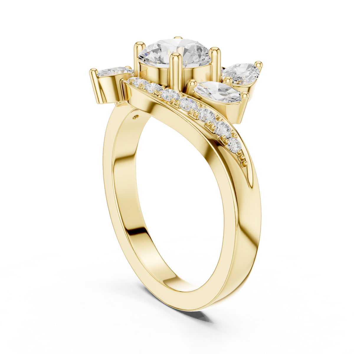 14K Solid Gold Lab Diamond Leaf Twist Ring, Yellow Gold, view 1