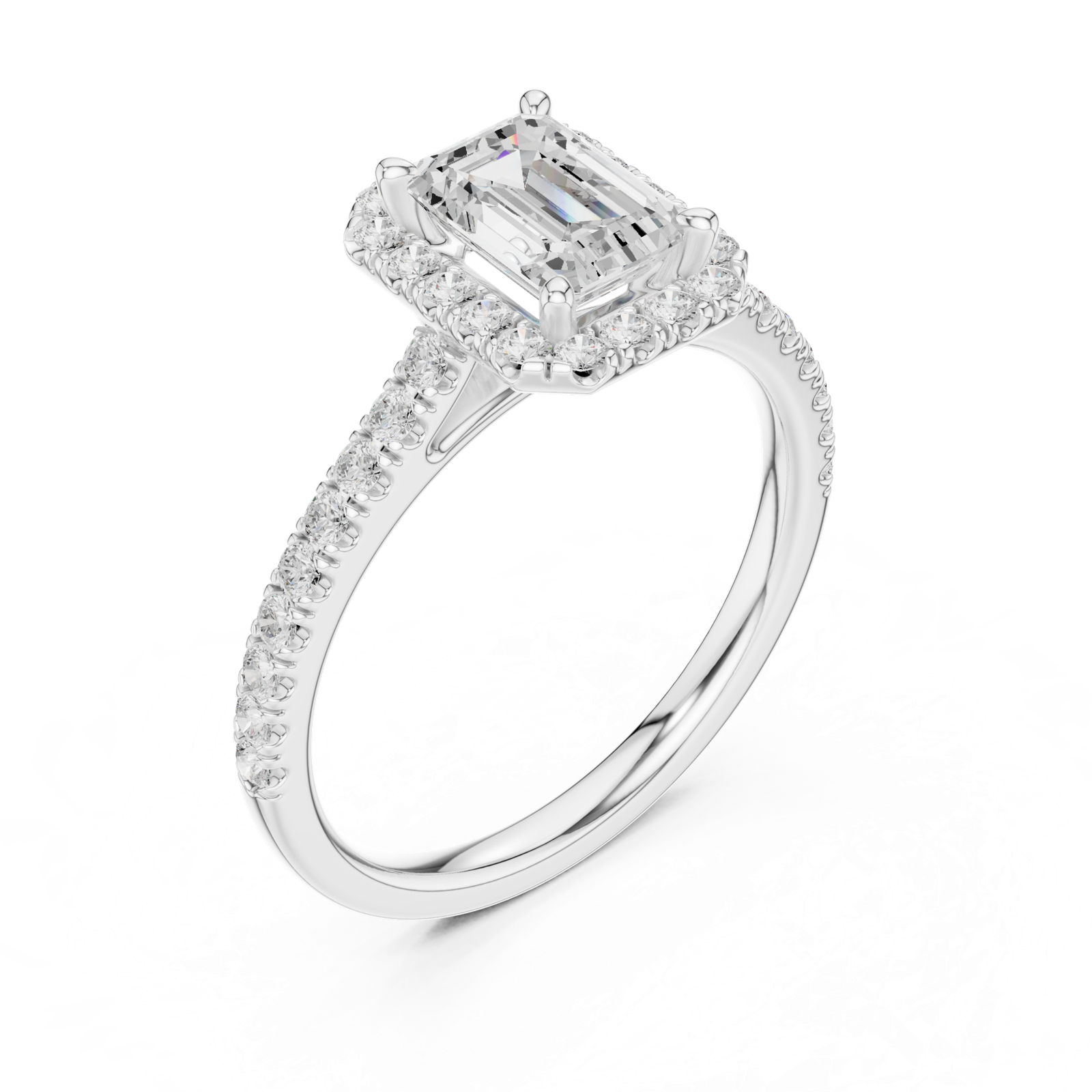 Gold Halo Pave Engagement Ring, Emerald center stone, White Gold, view 2