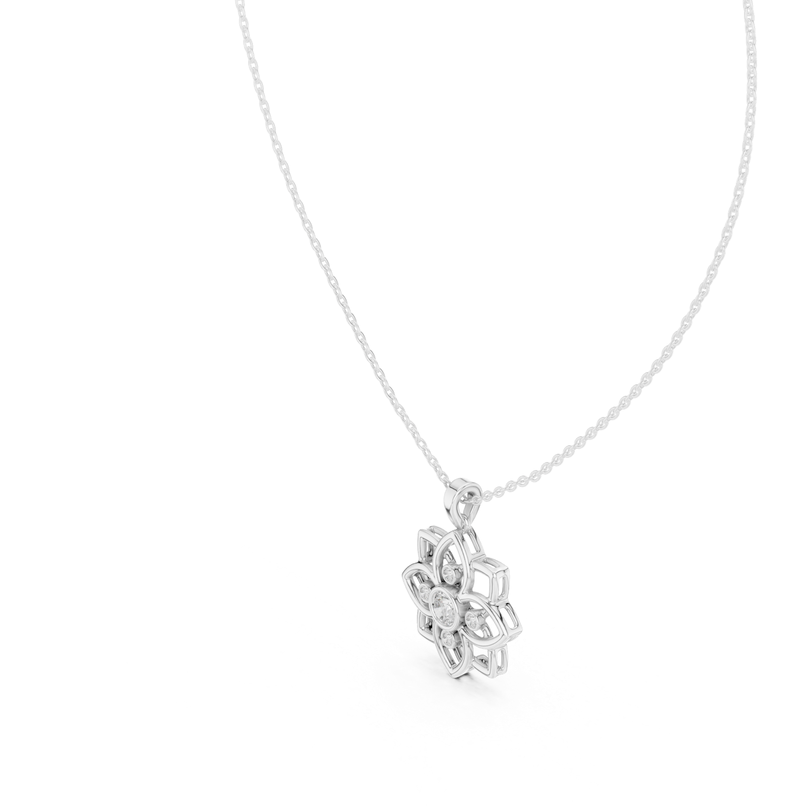 14K Solid Gold Lab Diamond Flower Pendant Necklace, White Gold, view 2