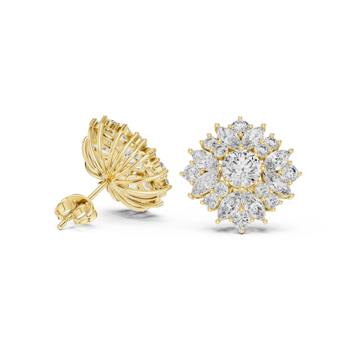 14K Solid Gold Lab Diamond Flower Cluster Earrings, Yellow Gold, view 1