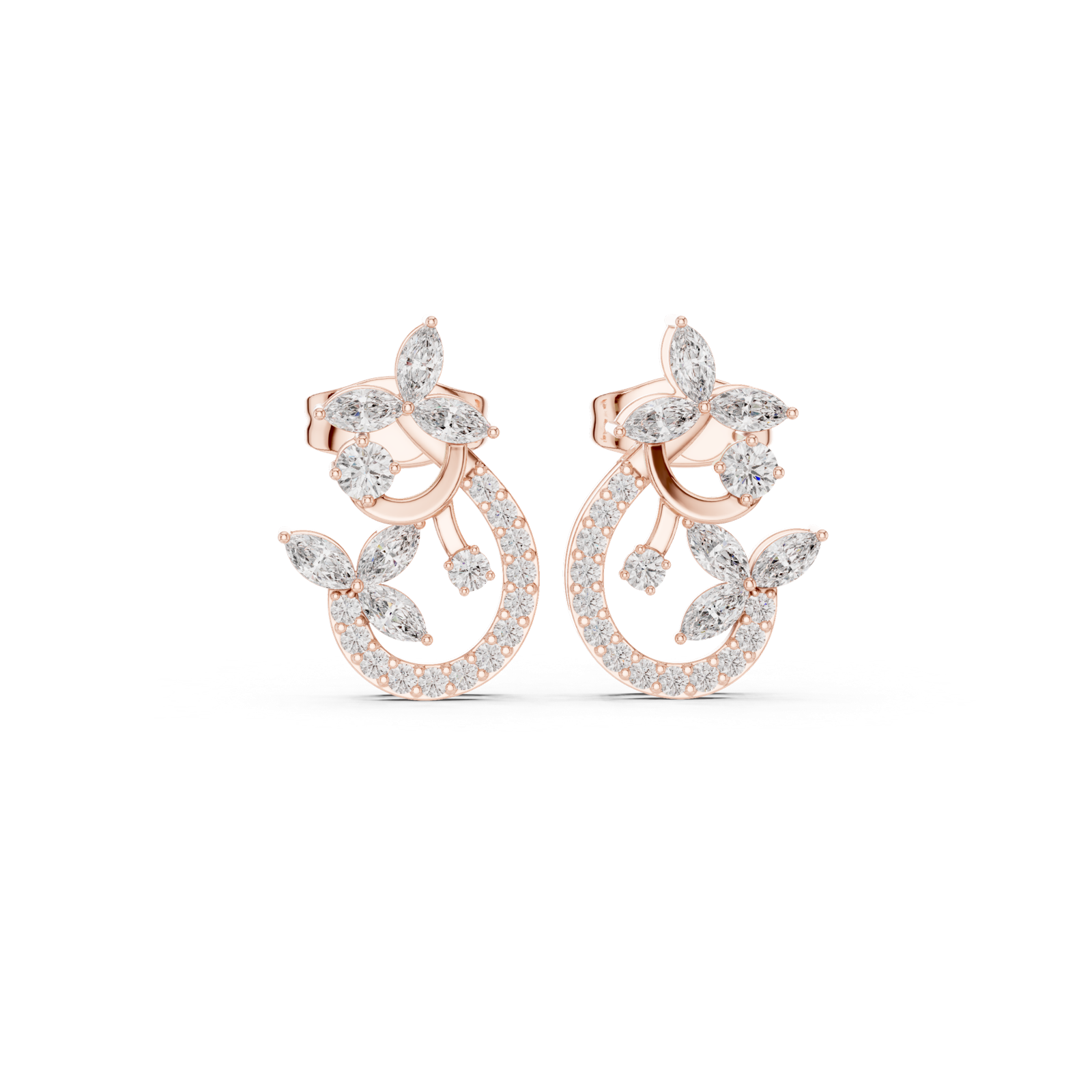 14K Solid Gold Lab Diamond Cluster Earrings, Rose Gold