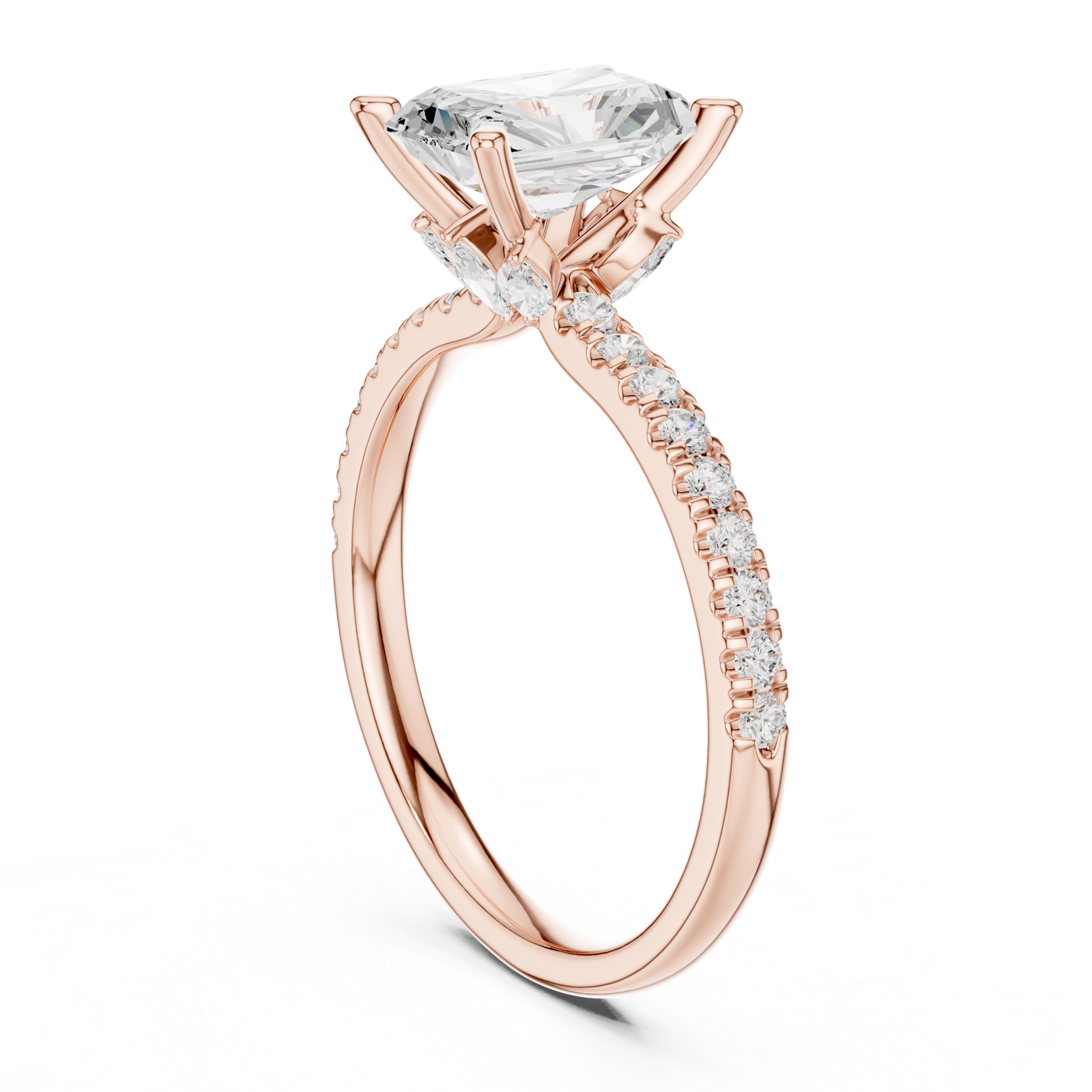 Gold Ring DDLR-256, Radiant center stone, Rose Gold, view 1