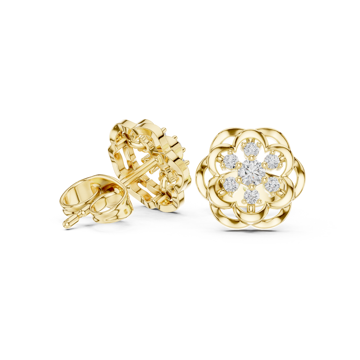 14K Solid Gold Lab Diamond Flower Cluster Earrings, Yellow Gold, view 1