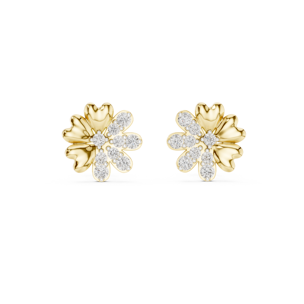 14K Solid Gold Lab Diamond Flower Cluster Earrings, Yellow Gold