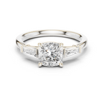 Gold Three-Stone Baguette Engagement Ring, Cushion center stone, White Gold