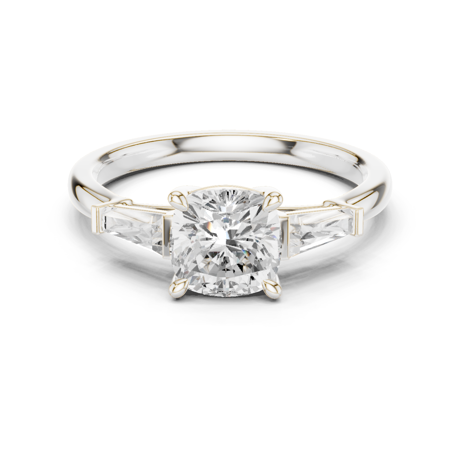 Gold Three-Stone Baguette Engagement Ring, Cushion center stone, White Gold