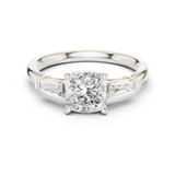 Gold Three-Stone Baguette Engagement Ring, Cushion center stone, White Gold