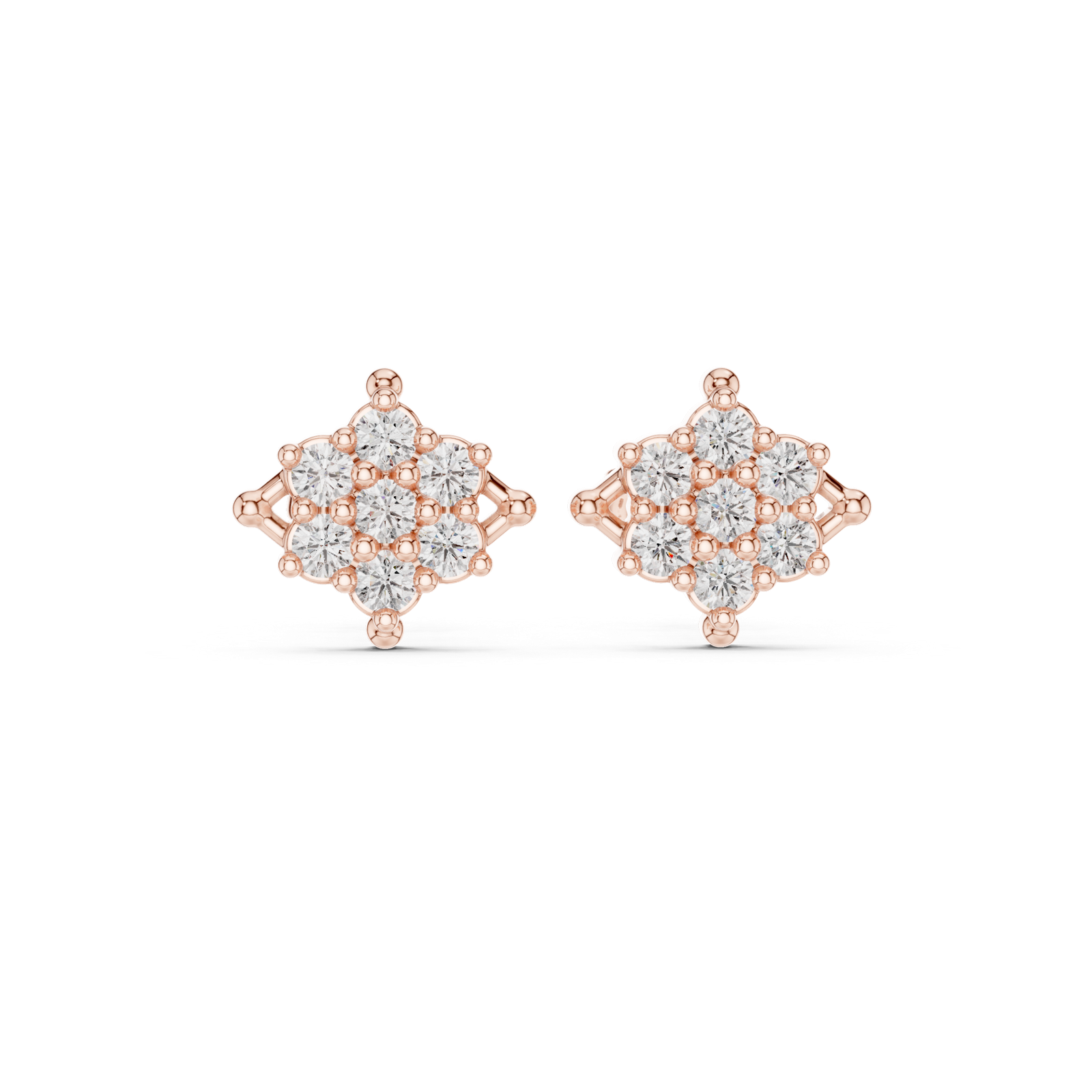14K Solid Gold Lab Diamond Flower Cluster Earrings, Rose Gold