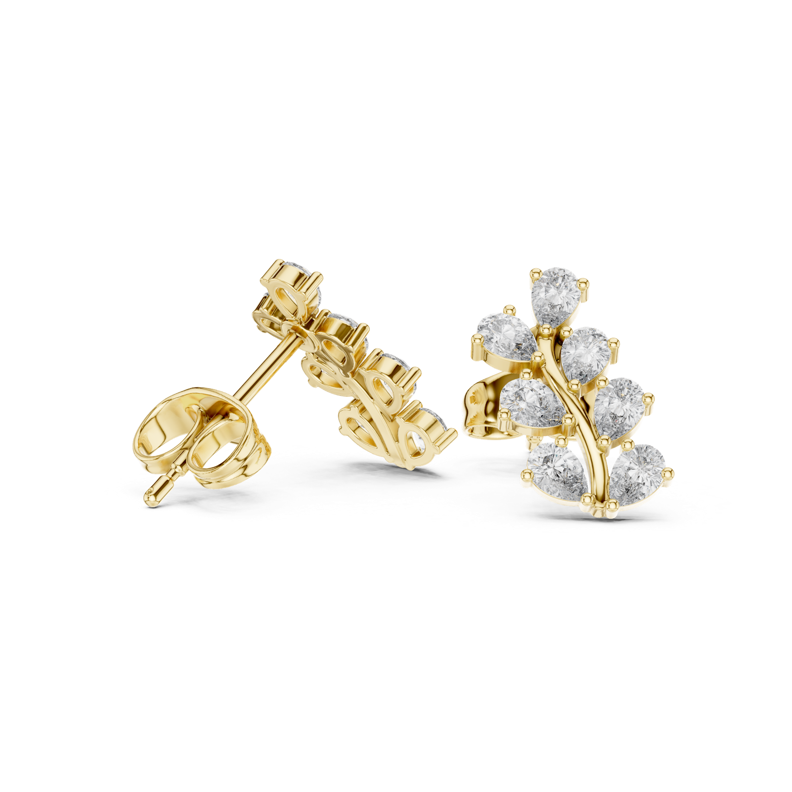 14K Solid Gold Lab Diamond Leaf Cluster Earrings, Yellow Gold, view 1