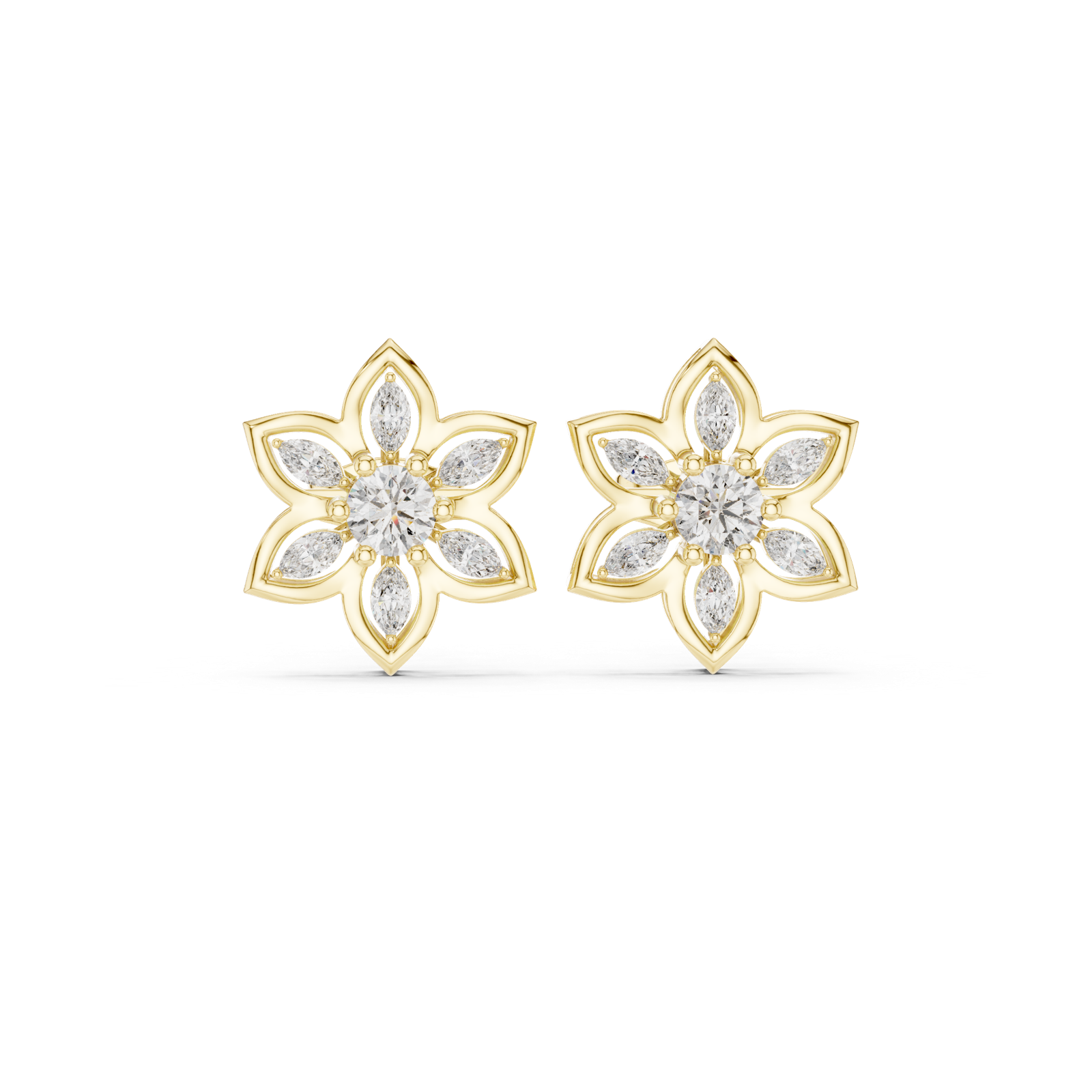 14K Solid Gold Lab Diamond Flower Cluster Earrings, Yellow Gold