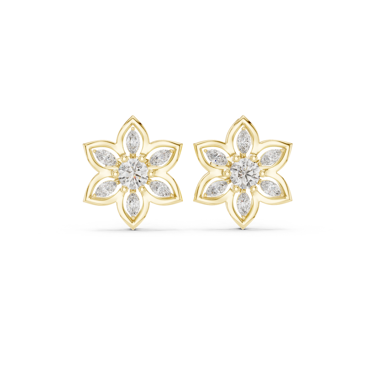 14K Solid Gold Lab Diamond Flower Cluster Earrings, Yellow Gold